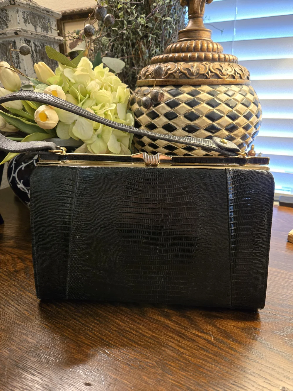 Black Alligator-Embossed Evening Clutch From 50s To 60s with Gold Frame